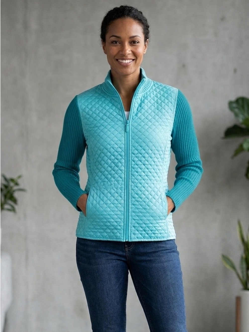 For Cynthia Jacket Vest Blue Quilted Sweater Zip Up Front Size Large Green